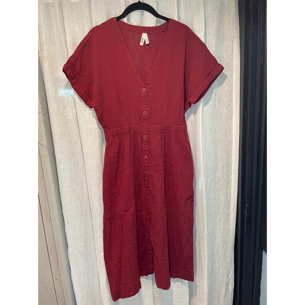 Pact Organic Cotton Gauze Midi Dress Burgundy Red Button Front V-Neck Small - Picture 1 of 3